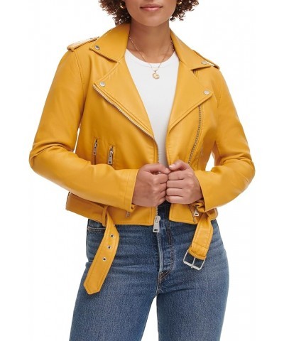 Women's Belted Faux Leather Moto Jacket (Regular & Plus Size) Gold $32.08 Coats