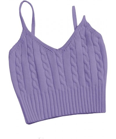 Women's Ribbed Knit Spaghetti Strap Sleeveless V Neck Cami Crop Top Camisole Violet Purple $7.94 Tanks