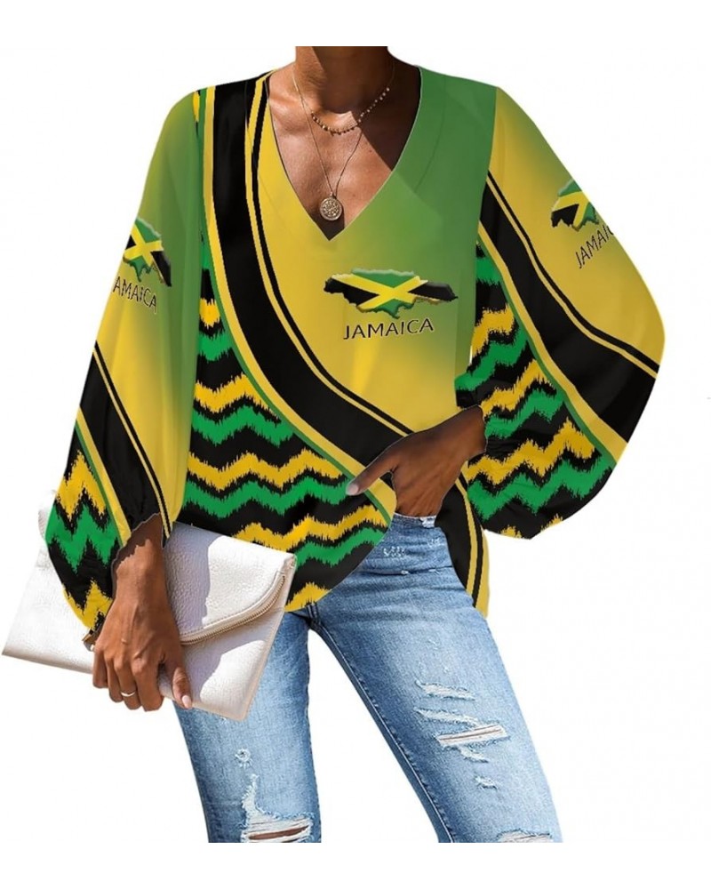 Women's V Neck Animal Floral Printed Casual Shirts 3/4 Balloon Sleeve Soft Loose Tunic Tops and Blouses Novelty Jamaica Flag ...