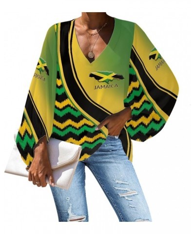 Women's V Neck Animal Floral Printed Casual Shirts 3/4 Balloon Sleeve Soft Loose Tunic Tops and Blouses Novelty Jamaica Flag ...