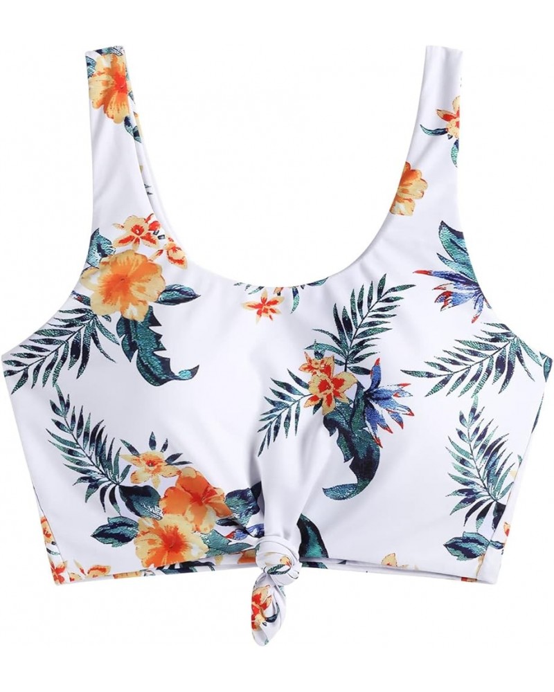 Women's Front Knot Bikini Tops Crop Tankini Top Scoop Neck Padded Bathing Suit Tops 1-tropical White $12.00 Swimsuits