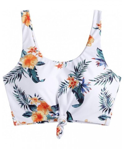 Women's Front Knot Bikini Tops Crop Tankini Top Scoop Neck Padded Bathing Suit Tops 1-tropical White $12.00 Swimsuits