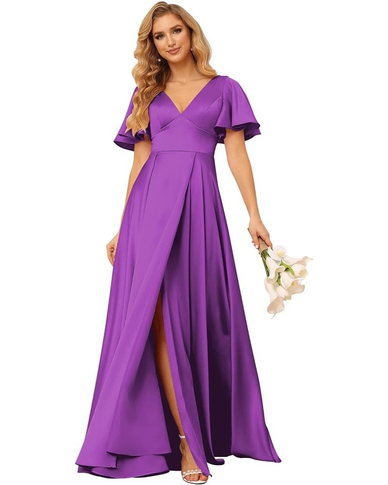 Women's V Neck Ruffle Sleeves Bridesmaid Dresses with Slit 2024 Satin A-Line Formal Evening Gowns Purple $26.40 Dresses