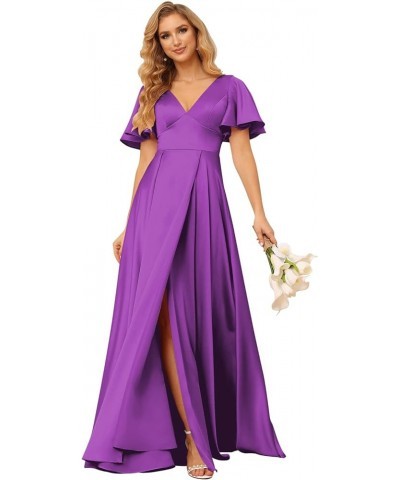 Women's V Neck Ruffle Sleeves Bridesmaid Dresses with Slit 2024 Satin A-Line Formal Evening Gowns Purple $26.40 Dresses