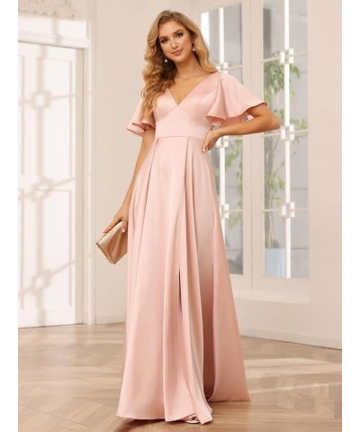 Women's V Neck Ruffle Sleeves Bridesmaid Dresses with Slit 2024 Satin A-Line Formal Evening Gowns Purple $26.40 Dresses