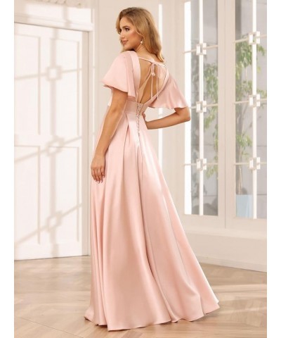 Women's V Neck Ruffle Sleeves Bridesmaid Dresses with Slit 2024 Satin A-Line Formal Evening Gowns Purple $26.40 Dresses