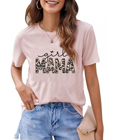 Mama Tshirt for Women Leopard Girl Mama T-Shirt Casual Mom of Girls Tee Mother's Day Top Tees Pink $12.24 Tops