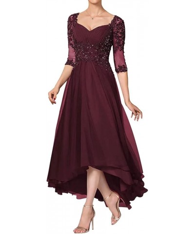 Mother of The Bride Dresses Tea Length for Wedding, Elegant Hi Low Formal Mother of The Groom Dresses with Sleeves Burgundy $...