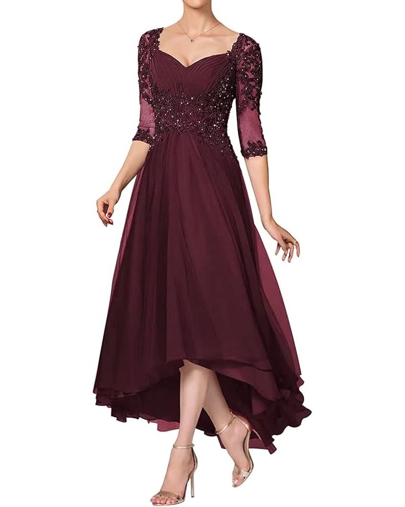 Mother of The Bride Dresses Tea Length for Wedding, Elegant Hi Low Formal Mother of The Groom Dresses with Sleeves Burgundy $...