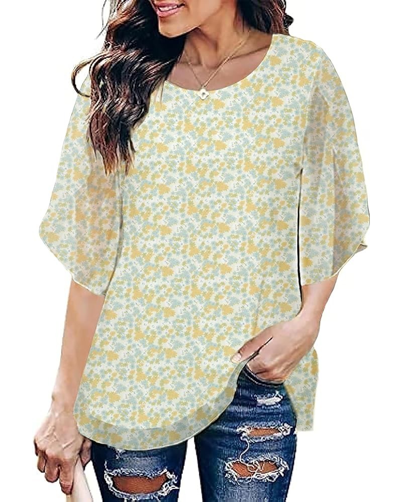 Summer Blouses For Women Dressy Casual 3/4 Sleeve Mesh Tunic Tops To Wear With Leggings M-4XL B1 270 Flower $16.19 Tops