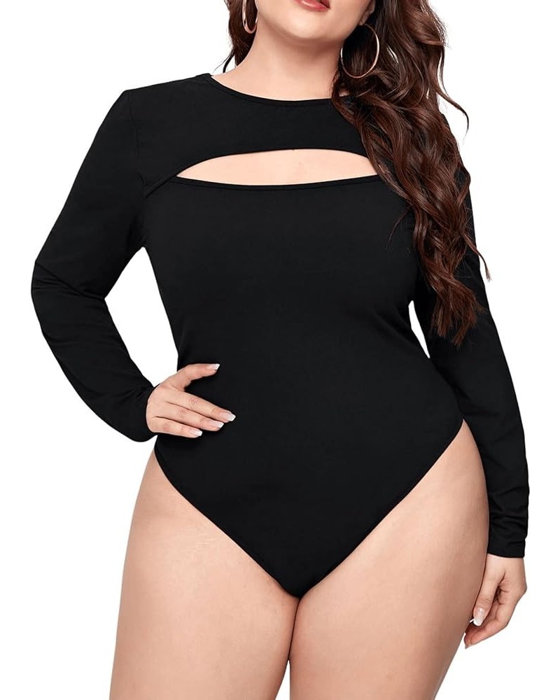 Women's Plus Size Long Sleeve Round Neck Cut Out Solid Tee Shirt Bodysuit Black $9.68 Bodysuits