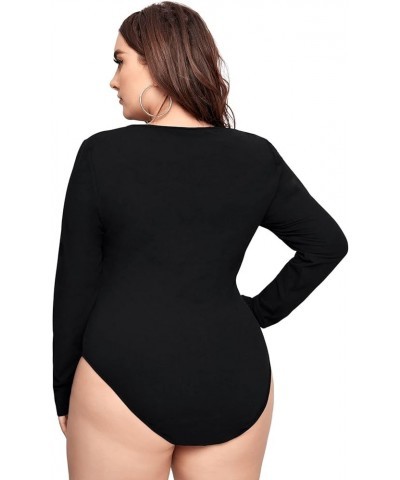 Women's Plus Size Long Sleeve Round Neck Cut Out Solid Tee Shirt Bodysuit Black $9.68 Bodysuits