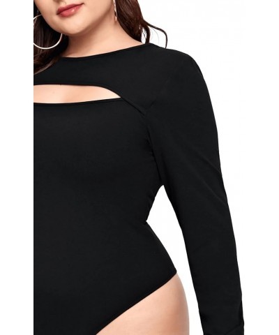 Women's Plus Size Long Sleeve Round Neck Cut Out Solid Tee Shirt Bodysuit Black $9.68 Bodysuits