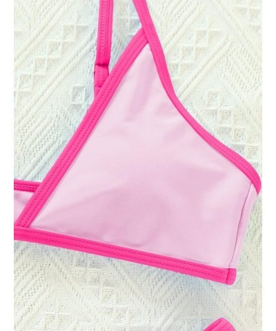 Women's Spaghetti Strap Triangle Bikini Bathing Suit 2 Piece Swimsuit Pink Colorblock $16.73 Swimsuits