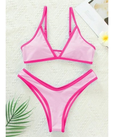 Women's Spaghetti Strap Triangle Bikini Bathing Suit 2 Piece Swimsuit Pink Colorblock $16.73 Swimsuits