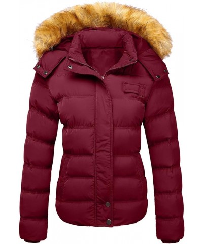 Women's Down Thicken Winter Coat Quilted Warm Puffer Jacket with Removable Fur Hood Wine Red $32.24 Jackets