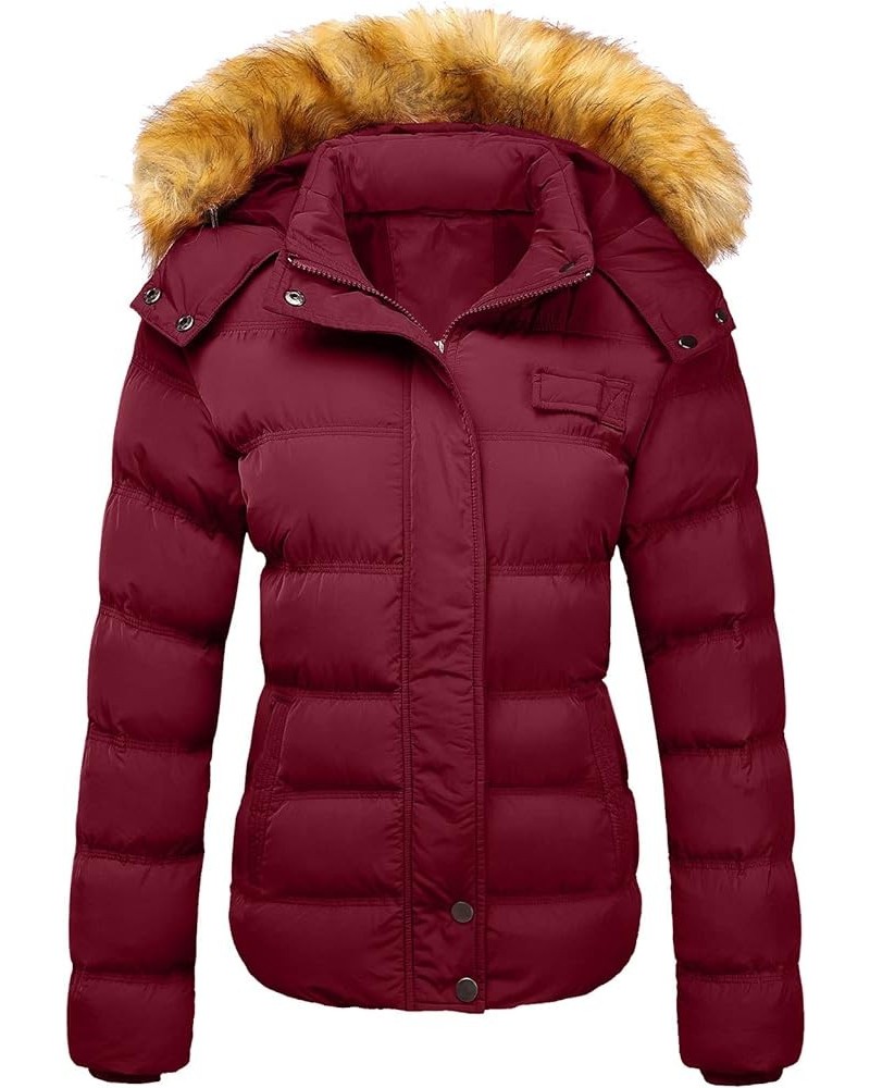 Women's Down Thicken Winter Coat Quilted Warm Puffer Jacket with Removable Fur Hood Wine Red $32.24 Jackets