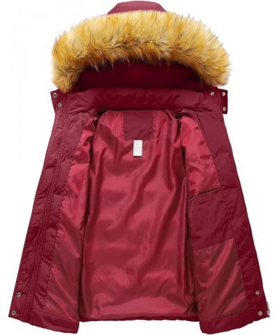 Women's Down Thicken Winter Coat Quilted Warm Puffer Jacket with Removable Fur Hood Wine Red $32.24 Jackets