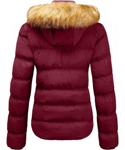 Women's Down Thicken Winter Coat Quilted Warm Puffer Jacket with Removable Fur Hood Wine Red $32.24 Jackets