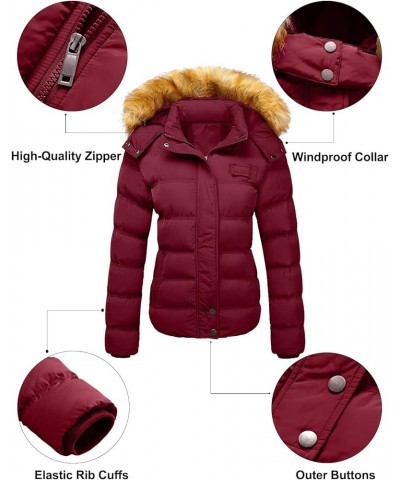 Women's Down Thicken Winter Coat Quilted Warm Puffer Jacket with Removable Fur Hood Wine Red $32.24 Jackets