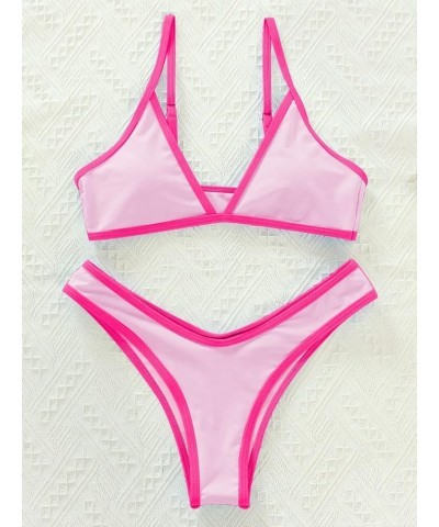 Women's Spaghetti Strap Triangle Bikini Bathing Suit 2 Piece Swimsuit Pink Colorblock $16.73 Swimsuits