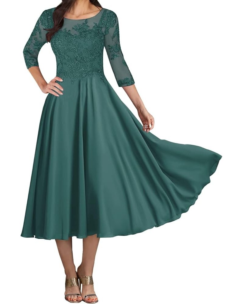 Mother of The Bride Dresses Tea Length Lace 3/4 Sleeve Chiffon Evening Dress Formal Gowns Peacock $41.00 Dresses