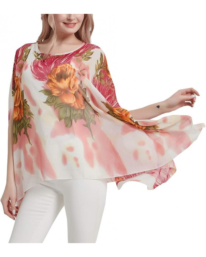 Women's Floral Chiffon Blouse Batwing Summer Hippie Sheer Loose Caftan Poncho Tunic Shirt Tops Floral Flame $10.70 Tops