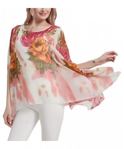 Women's Floral Chiffon Blouse Batwing Summer Hippie Sheer Loose Caftan Poncho Tunic Shirt Tops Floral Flame $10.70 Tops