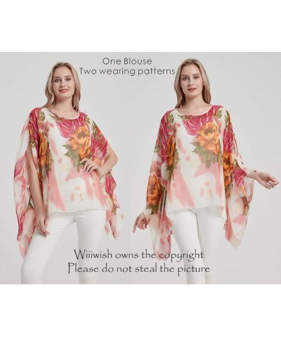 Women's Floral Chiffon Blouse Batwing Summer Hippie Sheer Loose Caftan Poncho Tunic Shirt Tops Floral Flame $10.70 Tops