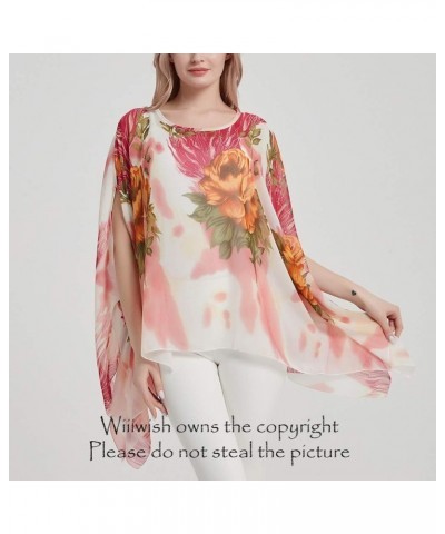 Women's Floral Chiffon Blouse Batwing Summer Hippie Sheer Loose Caftan Poncho Tunic Shirt Tops Floral Flame $10.70 Tops