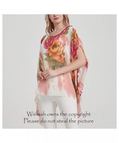 Women's Floral Chiffon Blouse Batwing Summer Hippie Sheer Loose Caftan Poncho Tunic Shirt Tops Floral Flame $10.70 Tops