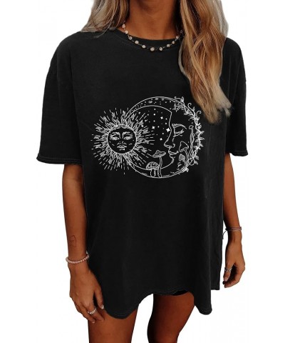 Women's Summer Mushroom and Sun Moon Print Crewneck Short Sleeve Oversized T Shirt Vintage Graphic Tee Ow-sunmoon Murleaf $10...