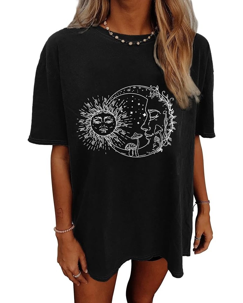 Women's Summer Mushroom and Sun Moon Print Crewneck Short Sleeve Oversized T Shirt Vintage Graphic Tee Ow-sunmoon Murleaf $10...