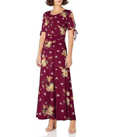 Women's Petite Short/Slit Sleeve Keyhole-Back Skater Seam Maxi Dress Burgundy Ground Floral $8.98 Dresses