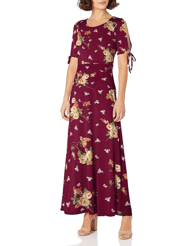 Women's Petite Short/Slit Sleeve Keyhole-Back Skater Seam Maxi Dress Burgundy Ground Floral $8.98 Dresses