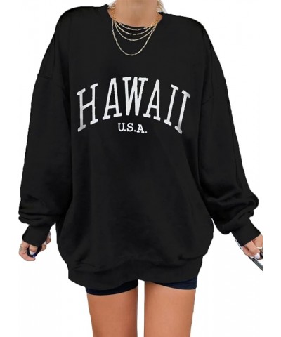 Womens Vintage Basic Oversized Crewneck Long Tunic Sweatshirts Pullover Tops B Hawaii Black $22.16 Hoodies & Sweatshirts