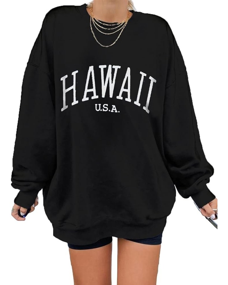 Womens Vintage Basic Oversized Crewneck Long Tunic Sweatshirts Pullover Tops B Hawaii Black $22.16 Hoodies & Sweatshirts