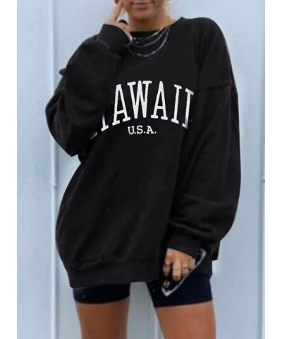 Womens Vintage Basic Oversized Crewneck Long Tunic Sweatshirts Pullover Tops B Hawaii Black $22.16 Hoodies & Sweatshirts