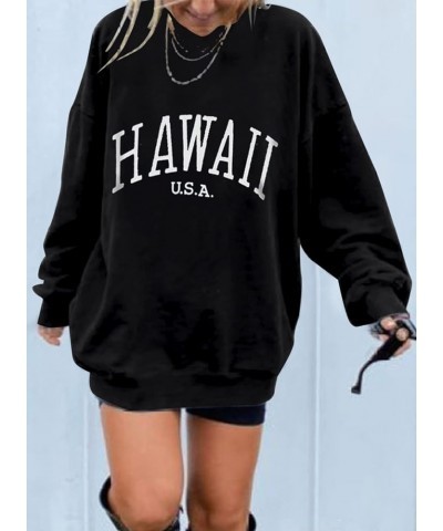 Womens Vintage Basic Oversized Crewneck Long Tunic Sweatshirts Pullover Tops B Hawaii Black $22.16 Hoodies & Sweatshirts