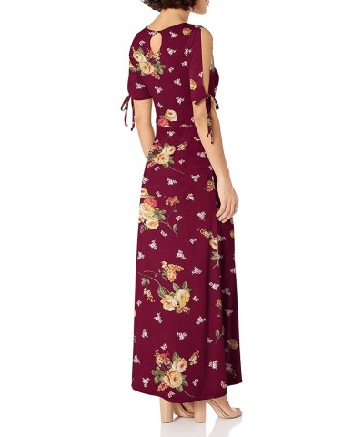 Women's Petite Short/Slit Sleeve Keyhole-Back Skater Seam Maxi Dress Burgundy Ground Floral $8.98 Dresses