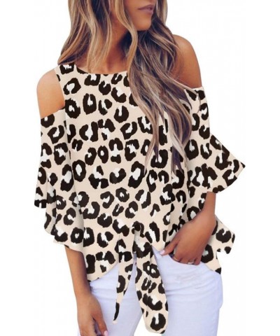 Womens Cold Shoulder Blouse Bell Sleeve Tie Knot Casual Summer Shirt Tops 1-leopard $14.40 Blouses