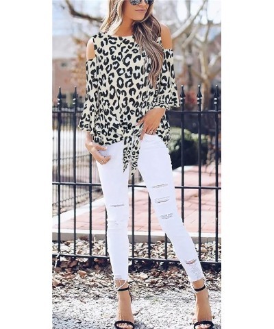 Womens Cold Shoulder Blouse Bell Sleeve Tie Knot Casual Summer Shirt Tops 1-leopard $14.40 Blouses