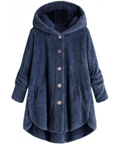 Women's Winter Coats Plus Size Oversized Sherpa Jacket with Hood Pockets Buttons Fall Jacket Warm Clothes Outerwear C-02-navy...