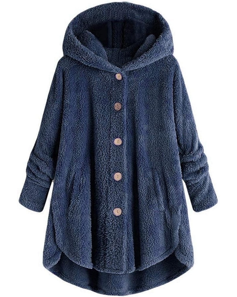 Women's Winter Coats Plus Size Oversized Sherpa Jacket with Hood Pockets Buttons Fall Jacket Warm Clothes Outerwear C-02-navy...