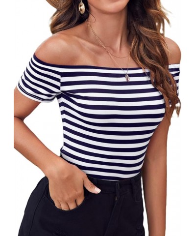 Women's Short Sleeve Vogue Fitted Off Shoulder Shirt Modal Top T-Shirt Navy Stripe $12.25 T-Shirts