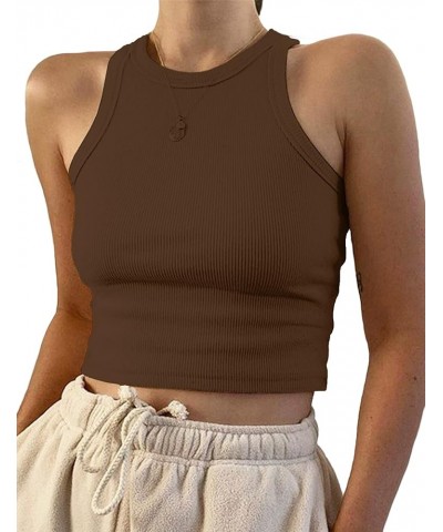 Women's Round Neck Basic Racerback Camisole Rib-Knit Solid Sleeveless Crop Tank Tops Coffee $10.79 Tanks