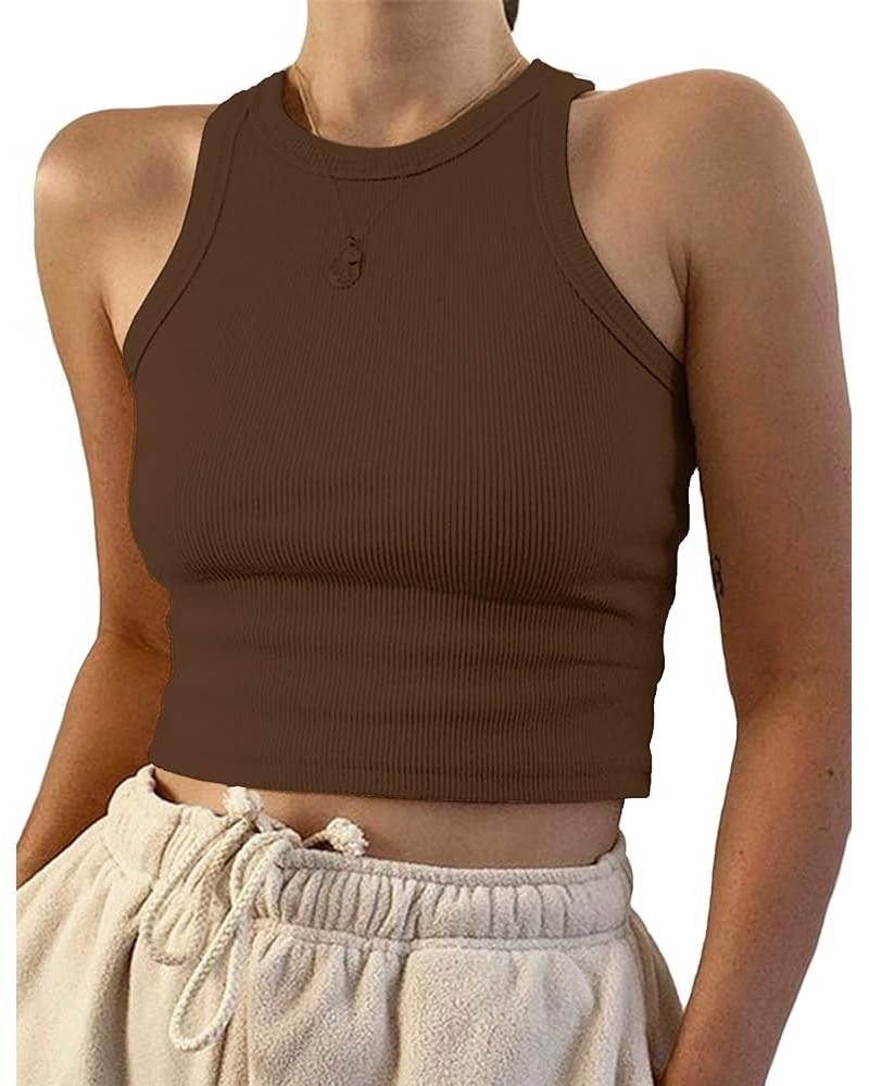 Women's Round Neck Basic Racerback Camisole Rib-Knit Solid Sleeveless Crop Tank Tops Coffee $10.79 Tanks