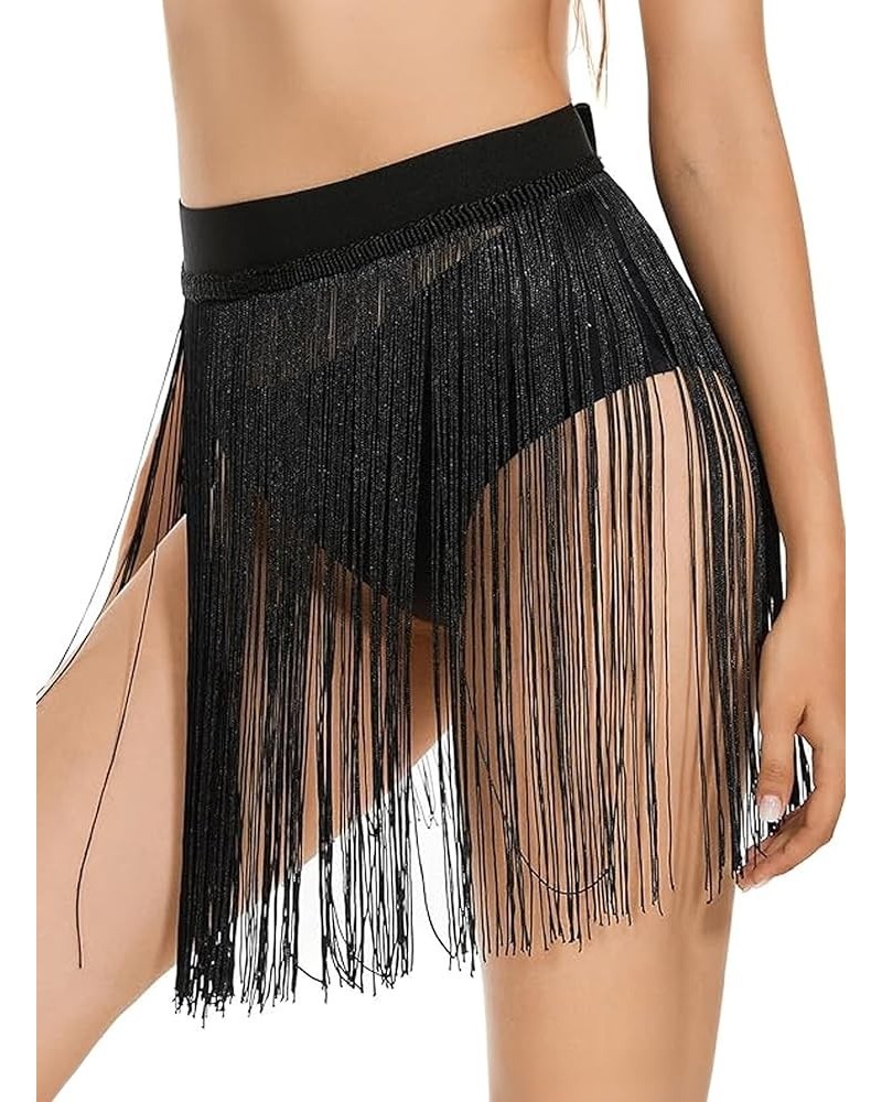 Boho Fringe Beach Cover Up for Women - High Waisted Tassel Mesh Black Mini Skirt Rave Sheer Dress Festival Outfit Black $10.2...