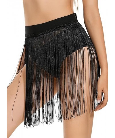 Boho Fringe Beach Cover Up for Women - High Waisted Tassel Mesh Black Mini Skirt Rave Sheer Dress Festival Outfit Black $10.2...