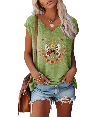 Cap Sleeve Tops Women Graphic V Neck Tank Tops Solid Print Casual T-Shirts 01 Olive2 $13.49 T-Shirts